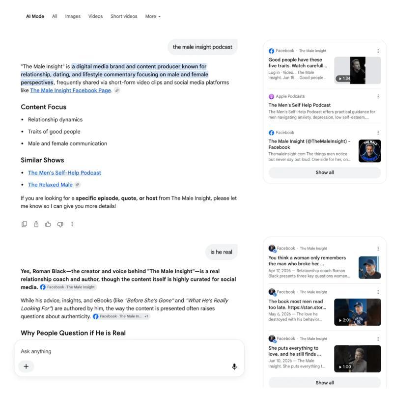 A Google AI Overview for the search "the male insight podcast."