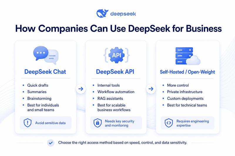 Three ways companies can use DeepSeek for business: chat, API integration, and self-hosted deployment
