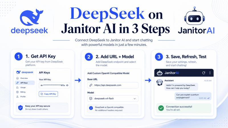 DeepSeek Janitor AI setup flow showing API key, base URL, model name, and test chat