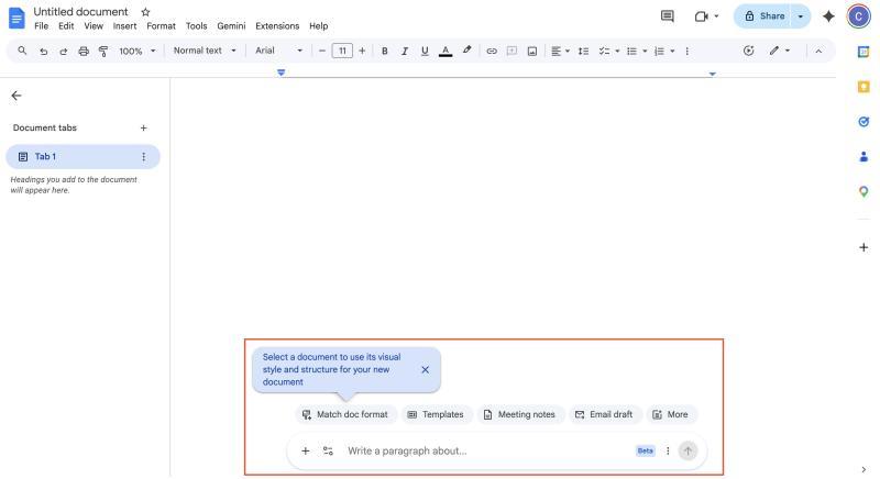 Gemini prompt bar at the bottom of a Google Doc