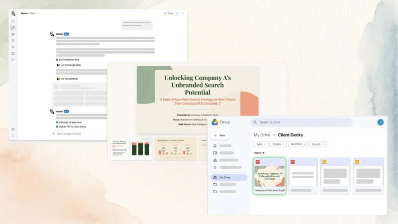 Manus generating a 12-slide unbranded search strategy deck from Similarweb data and saving it to a Google Drive "Client Decks" folder
