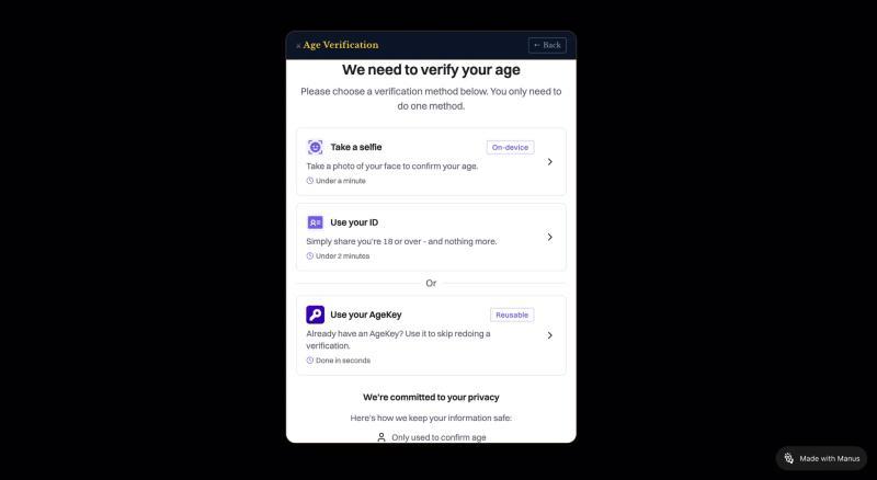 Age verification UI - selfie, ID, and AgeKey options