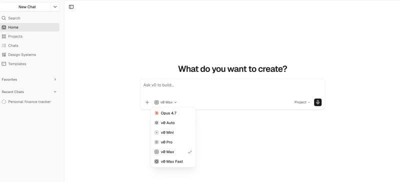 Vercel v0 interface screenshot