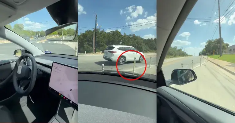 无人驾驶特斯拉Robotaxi撞毁交通隔离桩被拍