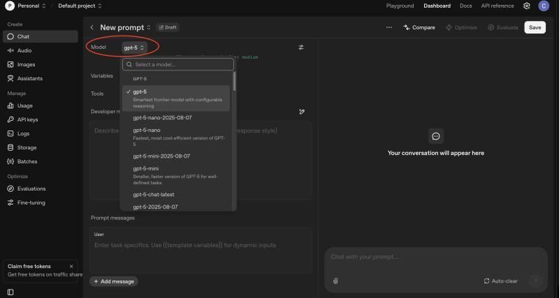 OpenAI Playground模型选择界面