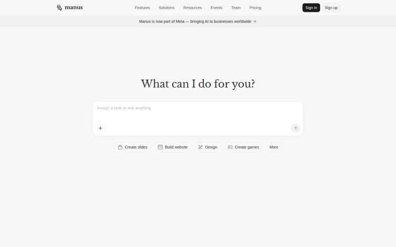 Manus homepage, above-the-fold screenshot of manus.im, captured July 2026