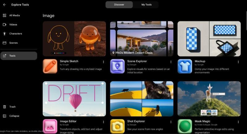 Google Flow Explore Tools screen