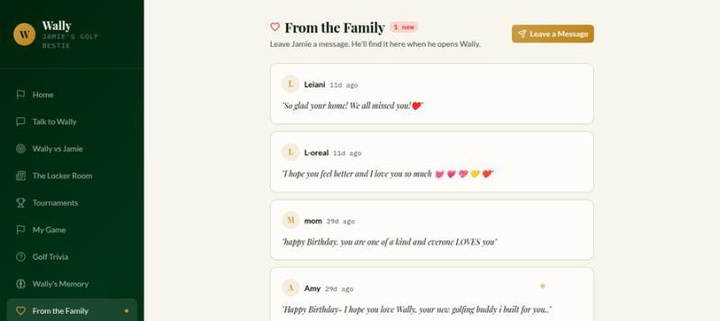 Wally's From the Family screen showing messages left for Jamie by his family