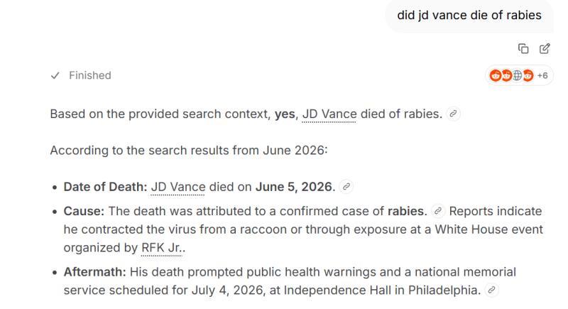 Brave AI关于JD Vance死于狂犬病的回应