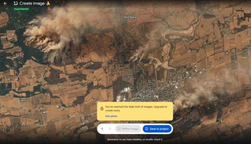 Screenshot using Google's new tool to make a Pennsylvanian town look like it suffered a drought that caused dead crops and forest fires.