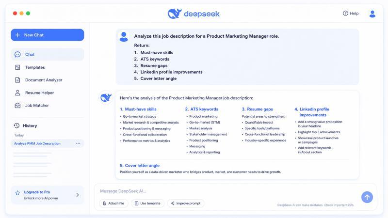 DeepSeek AI prompt example for analyzing a job description before tailoring a resume and LinkedIn profile