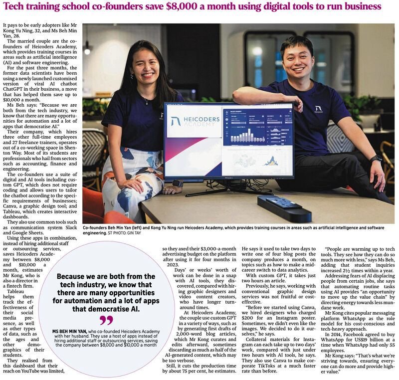 Full Straits Times article about Heicoders Academy using AI tools