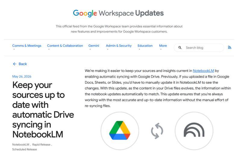 Google为NotebookLM新增与Google云端硬盘自动同步功能