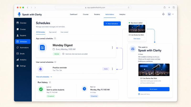 Schedules mockup for automated course digests and reminders