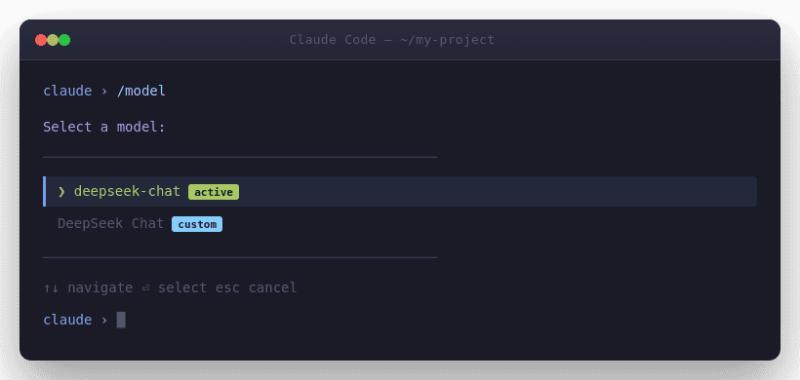 Claude Code model picker showing deepseek-chat as active model with custom DeepSeek Chat option