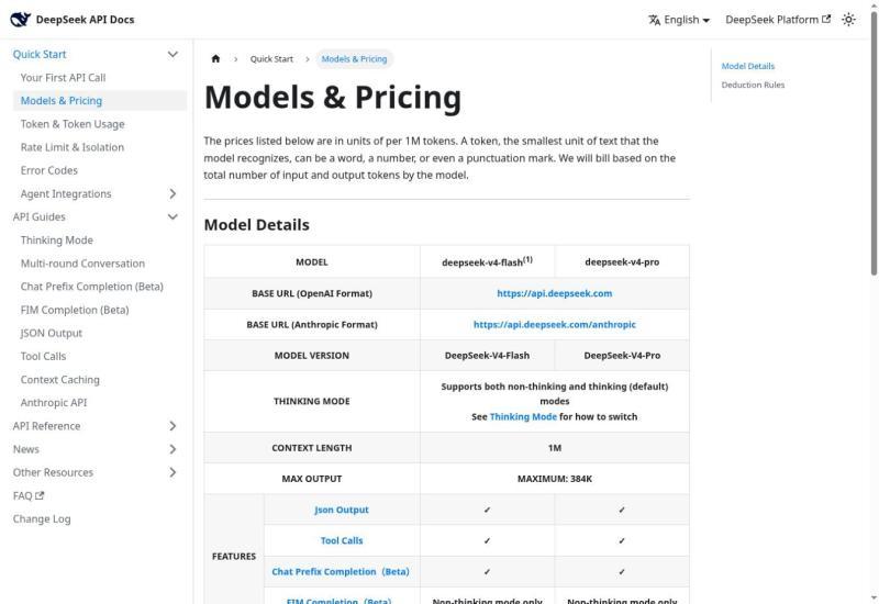 Official DeepSeek API models and pricing table for V4 Flash and V4 Pro