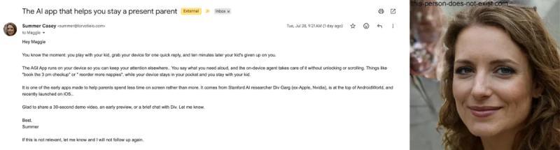 Screenshots showing an email from "Summer Casey" and her AI-generated headshot.