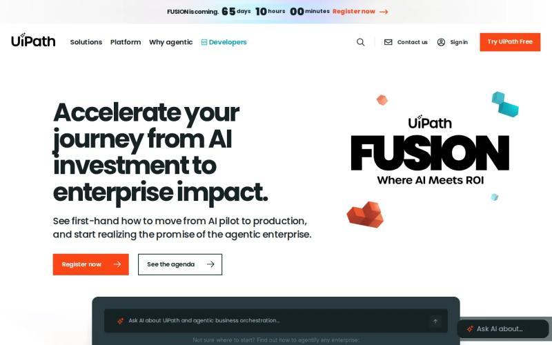 UiPath homepage, above-the-fold screenshot of uipath.com, captured July 2026