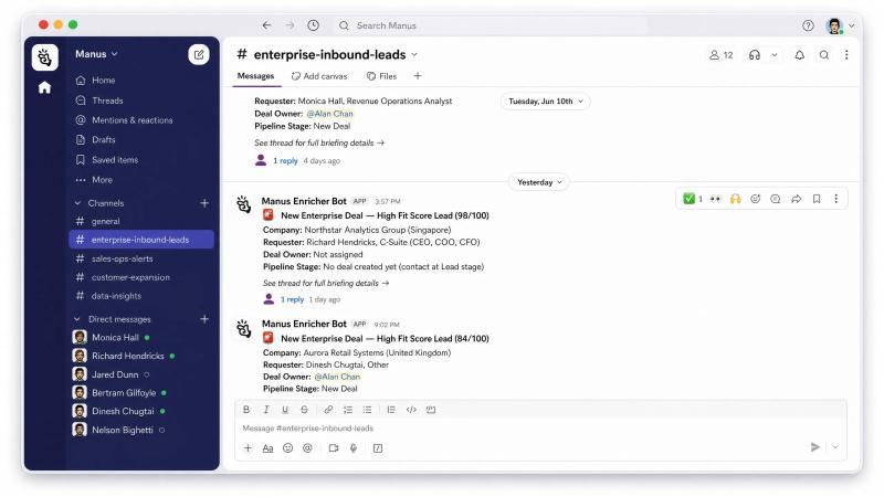 A Slack channel showing enterprise inbound lead alerts from a Manus bot.