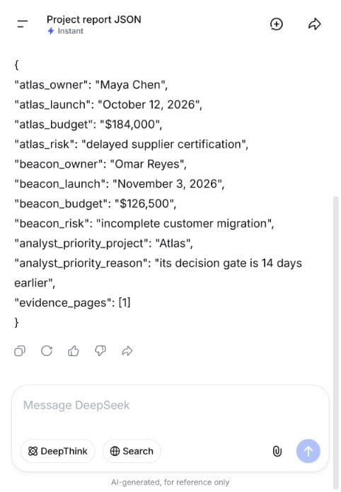DeepSeek keeping two project columns separate in a PDF report