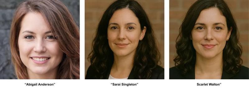 Three AI-generated headshots of fake PR agents identified as "Abigail Anderson," "Sarai Singleton," and "Scarlet Walton" sent out by the Movchan Agency.