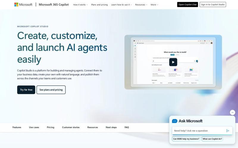 Microsoft Copilot Studio homepage, above-the-fold screenshot of microsoft.com Copilot Studio page, captured July 2026