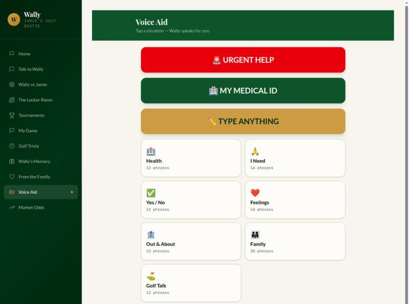 Wally's Voice Aid screen with urgent help, daily needs, feelings, and family phrase categories