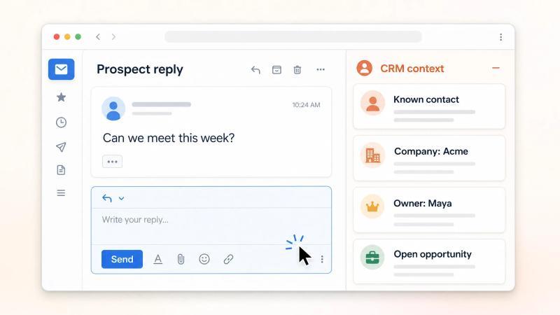 A mockup of a Gmail reply with CRM details shown beside it.