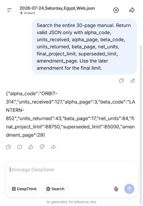 DeepSeek retrieving distant facts and an amendment from a 30-page PDF