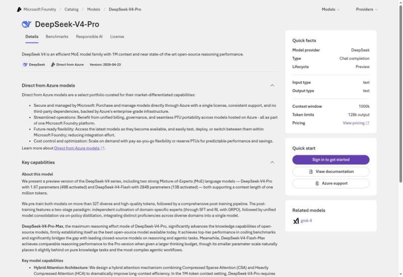 Microsoft Foundry DeepSeek V4 Pro model card showing Direct from Azure, Preview lifecycle, text input and output, one million context, and 128K output limit