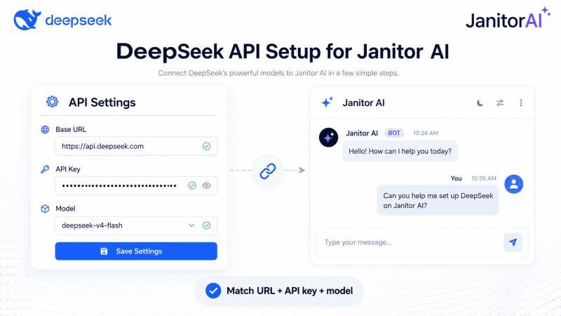 DeepSeek API setup screen for Janitor AI with base URL API key and deepseek-v4-flash model