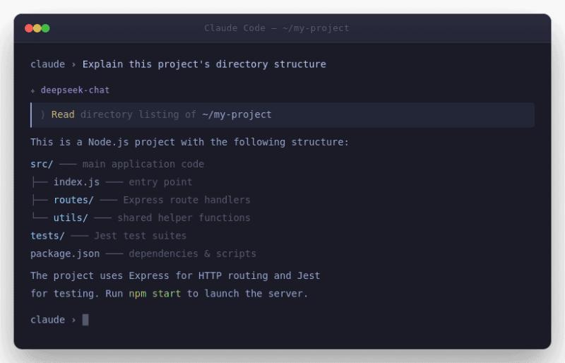 Claude Code sanity test explaining a Node.js project directory structure using DeepSeek model