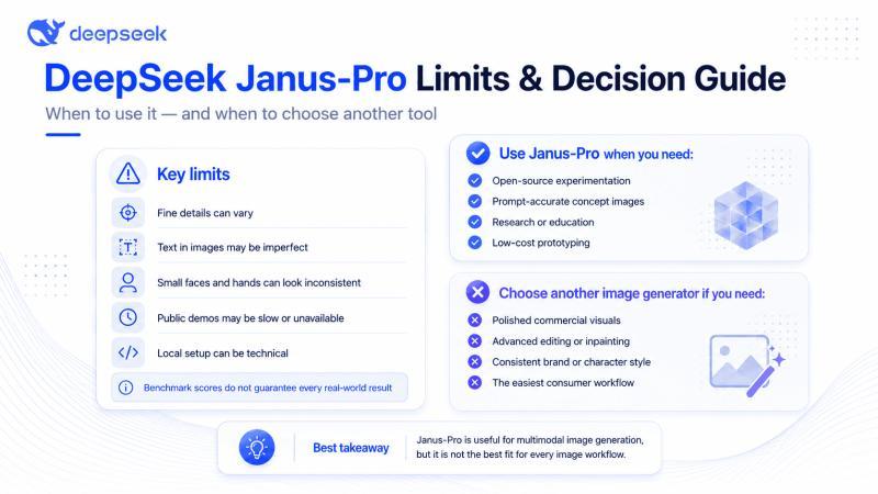 DeepSeek Janus-Pro limitations and decision guide infographic explaining when to use Janus-Pro and when another AI image generator may be a better choice