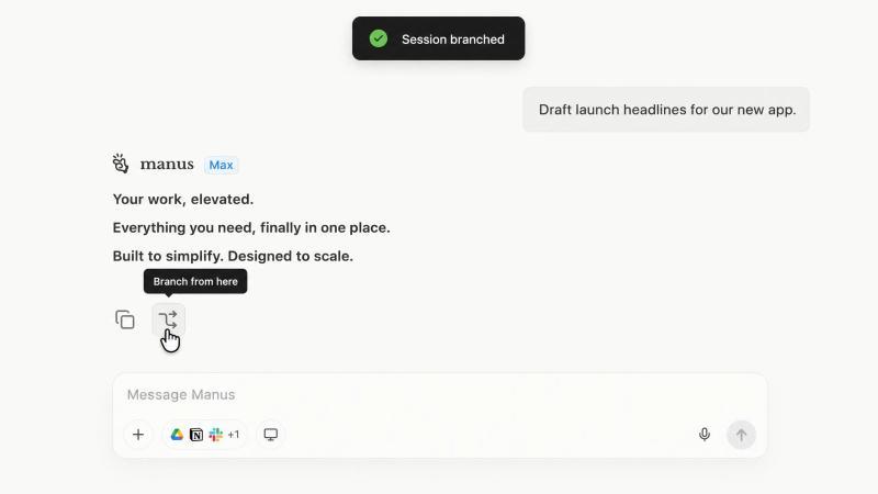 Clicking the branch icon beneath a Manus message, with a "Branch from here" tooltip and a "Session branched" confirmation