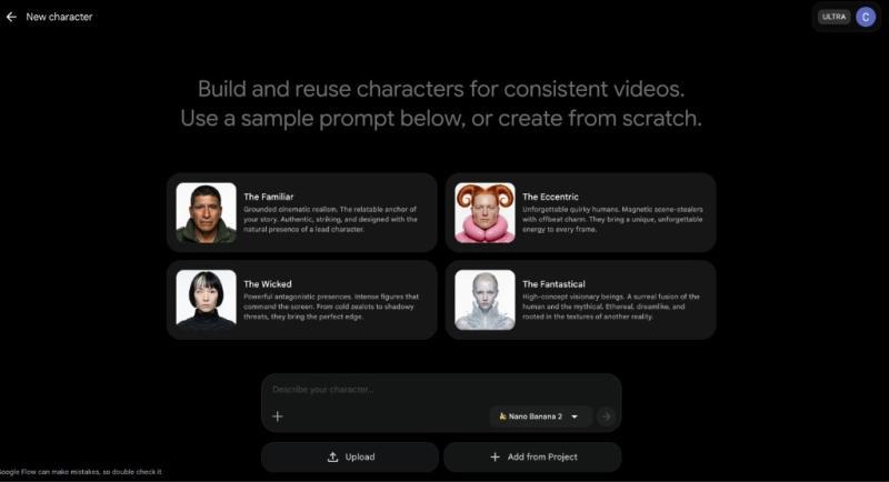 Google Flow New character screen