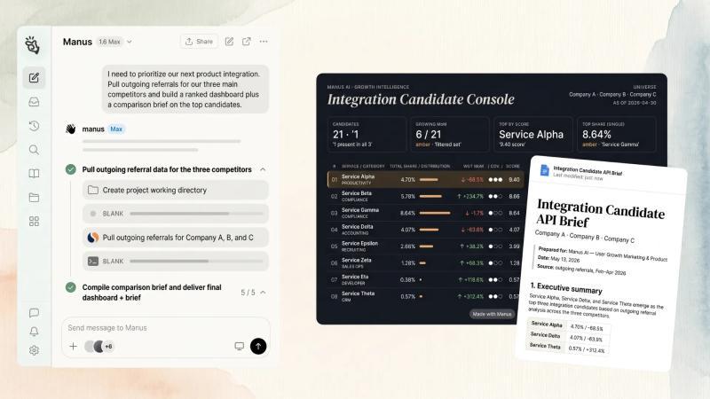 Manus analyzing competitor outgoing referrals and producing an Integration Candidate Console dashboard ranked by traffic share plus an API brief on the top candidates