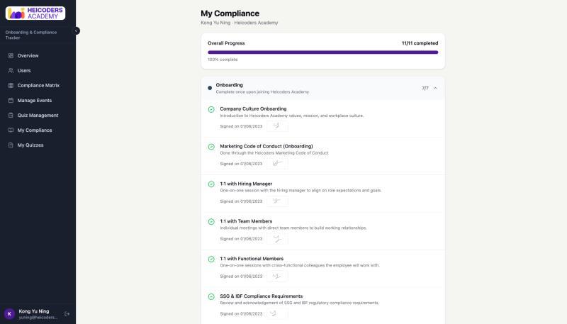Internal HR portal showing compliance quizzes and digital signatures