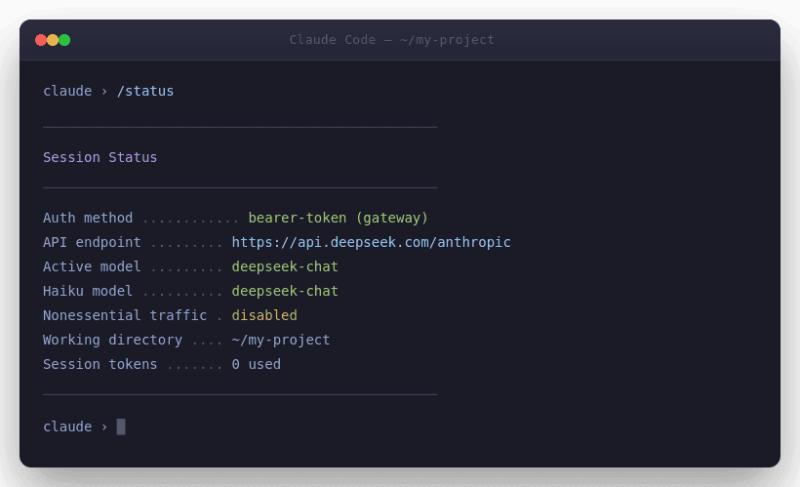 Claude Code status command showing bearer-token auth and deepseek-chat model active via DeepSeek API endpoint