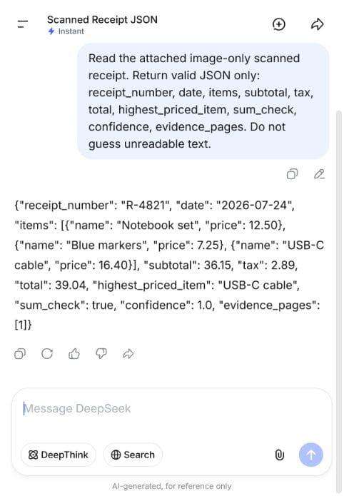 DeepSeek extracting line items and totals from an image-only scanned receipt