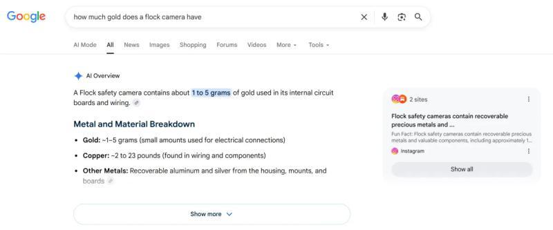 谷歌搜索“Flock摄像头含多少黄金”的截图,AI生成了虚假的回答
