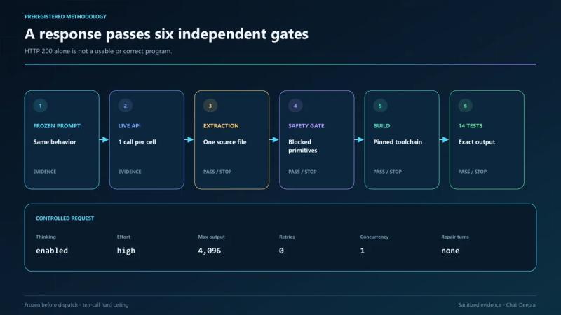DeepSeek coding benchmark pipeline from frozen prompt through extraction, safety, compilation, and deterministic tests