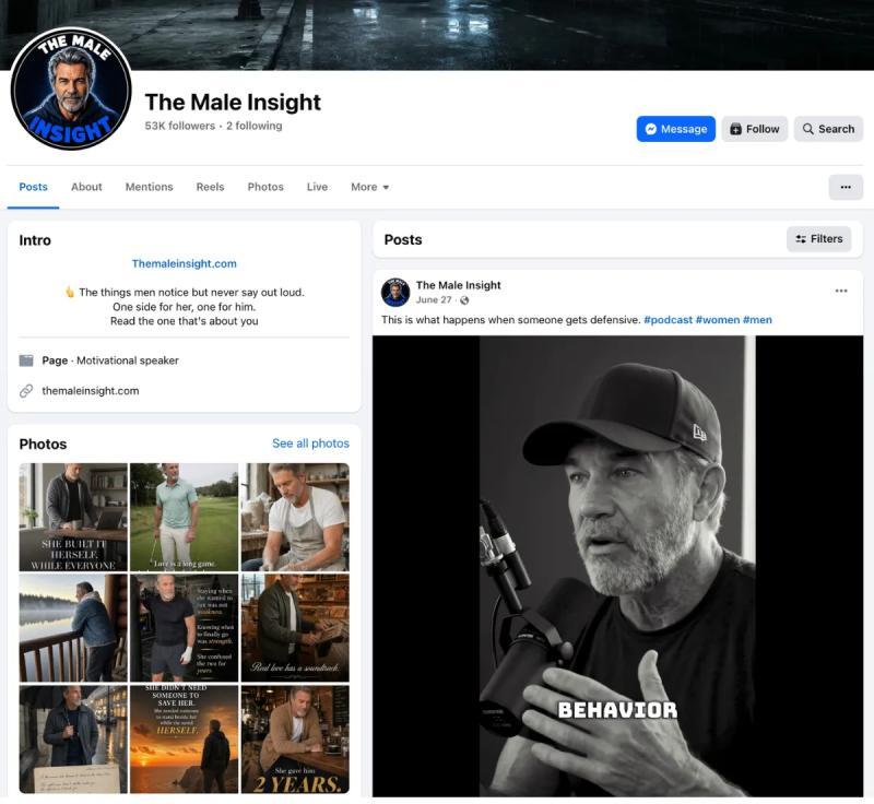A screenshot showing "The Male Insight," an AI-generated podcast-style character that's accumulating tons of views on Facebook.