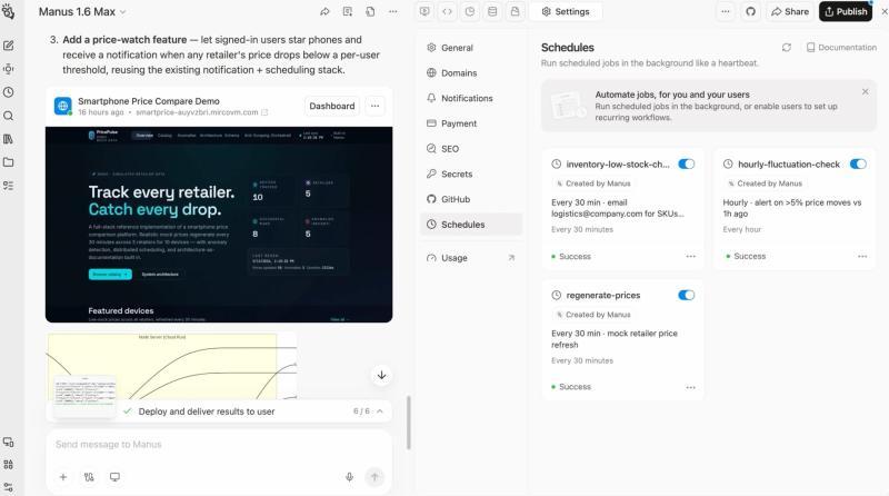 Background scheduled task interface in a web app built with Manus