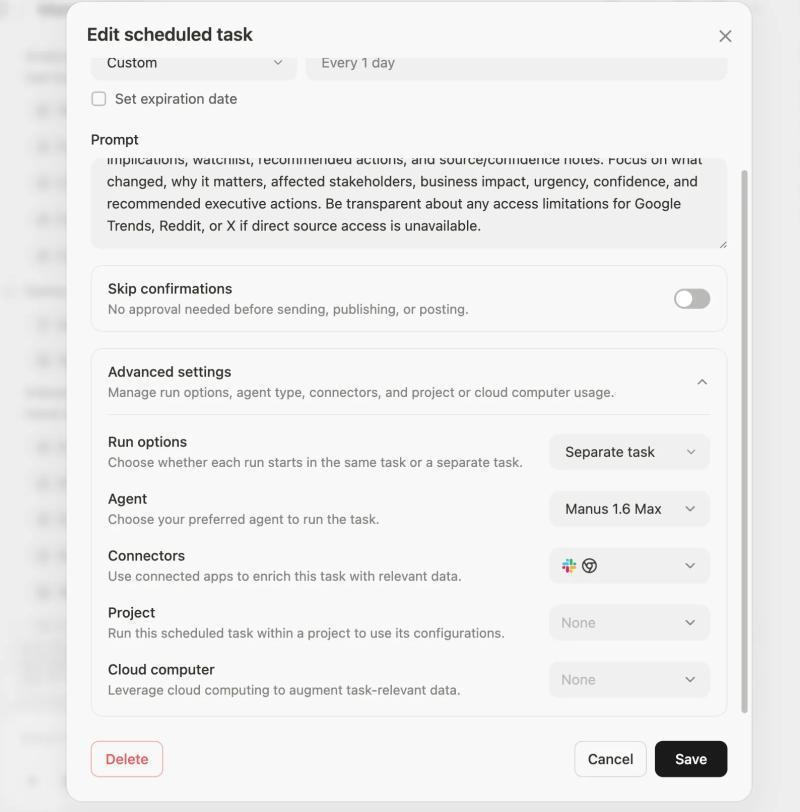Edit scheduled task screen showing skip confirmations, run options, connectors, project, and cloud computer settings