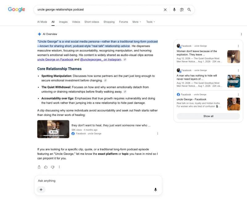 A Google AI Overview for the search "uncle george relationships podcast."