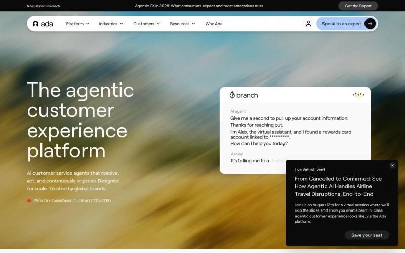 Ada homepage as visitors see it on arrival, above the fold (screenshot captured July 22, 2026)