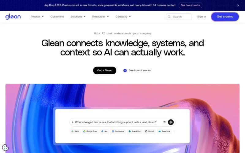 Glean homepage, above-the-fold screenshot of glean.com, captured July 2026