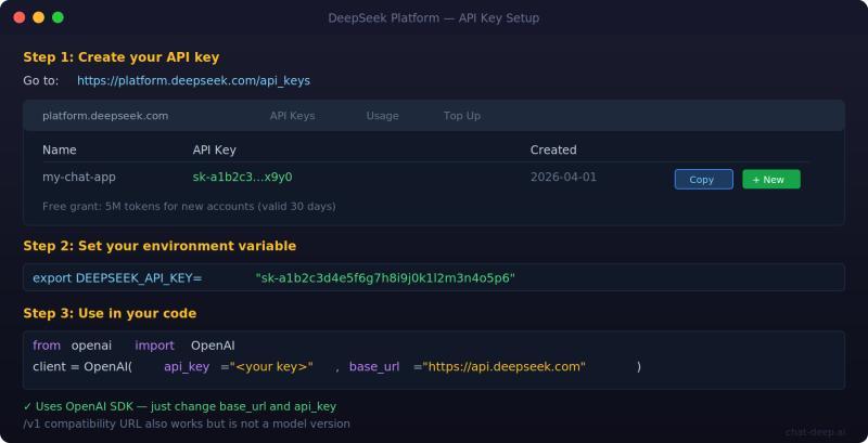 DeepSeek platform API key creation steps showing platform dashboard environment variable export and Python SDK setup
