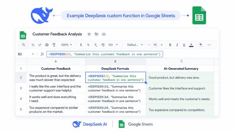 Example Google Sheets custom function using DeepSeek AI to summarize customer feedback into another column