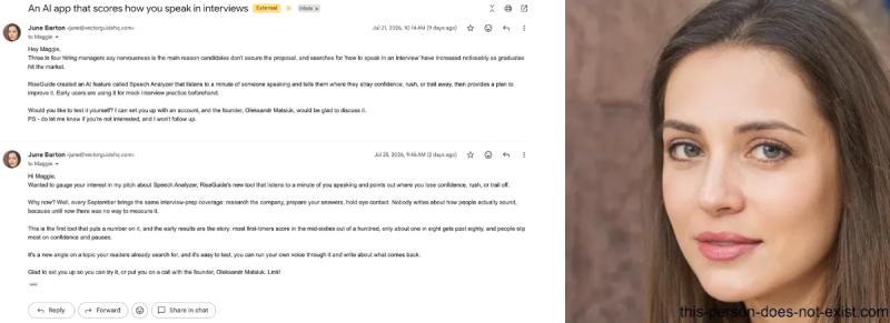 Screenshots showing emails from a character identified as a PR agent named June Barton, from a firm called VectorGuideHQ, along with a zoomed-in version of her headshot, showing that it was downloaded from a site called this-person-does-not-exist.com.
